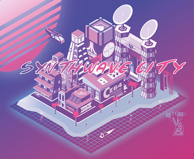 Synthwave City 3d 80s city cityscape gradients graphic design illustration isometric syntwave