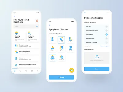 Online Symptoms Checker - APP UI care clean clinic clinic app covid design doctor doctor app flat health health app healthcare hospital app illustration minimal symptoms telemedicine ui uidesign uiux
