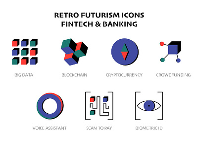 FinTech icon set ai banking big data biometrics blockchain branding cryptocurrency design fintech futurism graphic design icons illustration retro vector