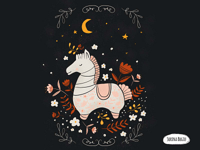 White Horse Folk Art Illustration cute design flowers folk art folk flowers folk style folky horse illustration illustrator kids moon pattern photoshop pink stars white horse