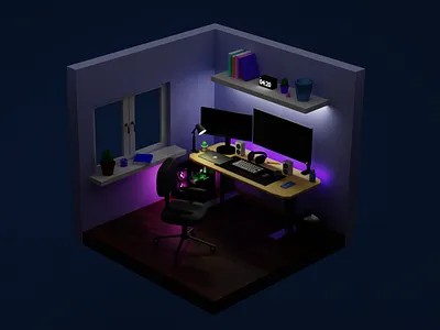 3D Work From Home Room At Night 3d 3d room design gaming room graphic design illustration night night room night setup pc room room design setup work room