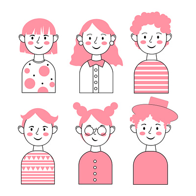 Avatar drawings set, people faces, young girls and guys dress