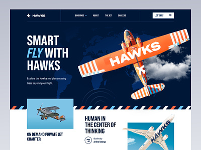 Hawks - Airline Website Design aeroplane aerospace air travel airline airplane airport emirates flight flight booking fly helicopter homepage landing page mockup private jet sky travel web design website website design