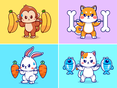 Animals gym🐵🍌🐰🥕💪🏻 animals animals gym banana barbell cartoon cat cute dog eating exercise fish fitness food gym icon illustration logo monkey rabbit sport