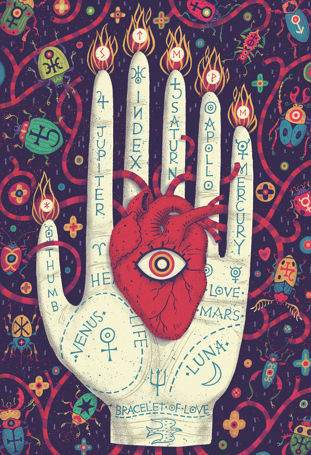 Turmoil animated gif animation beetles creepy design eye flames graphic design hand hand lettering heart ill illustrated illustration insects palmistry steve simpson