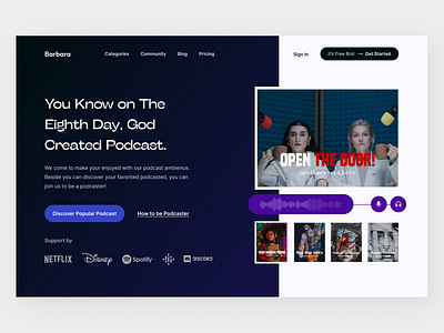 Barbara Podcast - Podcast platform Website audio clean community dark theme design gradient hero image landing podcast popular rounded saas spotify ui wave web design website