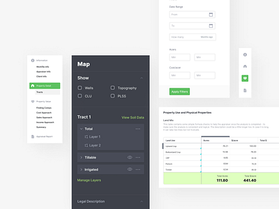 Cards and Components | B2B Farmland Appraisal Platform design excel filter panel filters landappraisal nav panel navigation numbers propertyappraisal ui ui design