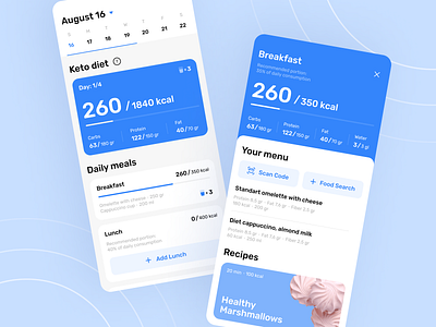 Nutrition app app blue calendar calories calories counter clean fatsecret fitness health healthy lifestyle meals menu nutrition portion recipes sport ui