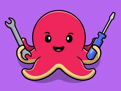 Cute Octopus Holding Wrench And Screwdriver swimming