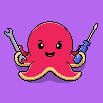 Cute Octopus Holding Wrench And Screwdriver swimming