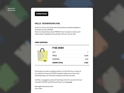 Daily UI #017 • Email Receipt 001 017 daily 100 challenge dailyui dailyuichallenge dark ui design email emailreceipt freitag illustration logo mail receipt ui ux