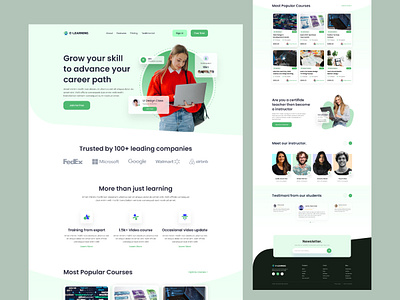 E-Learning Platform Website banner design e learning education landing page footer hero section learning online learning website testimonial ui uiux website design