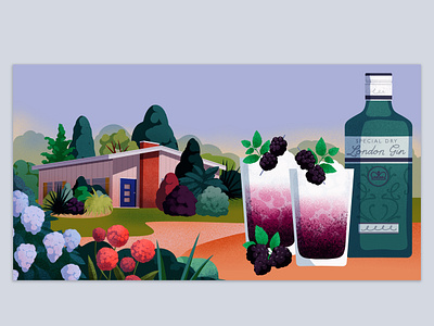 Bramble advertising architecture blackberry botanical bramble cocktail design dusk editorial eveing garden gin illustration midcentury photoshop procreate