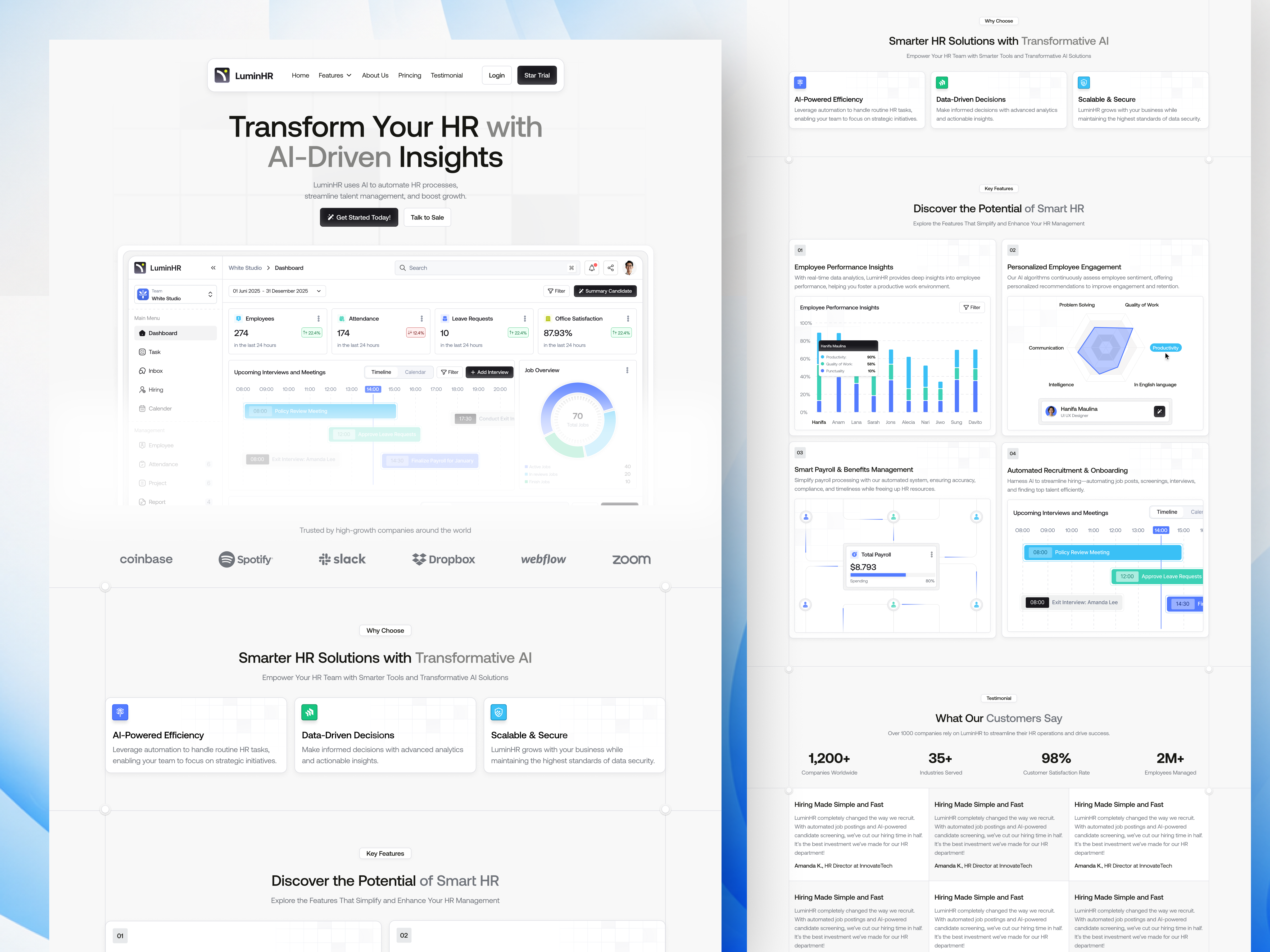 LuminHR - AI Powered HR Management Landing Page ai website bento bento design card clean coaching design employee hr tool human resource job landing page hr payroll recruitment saas ui uiux ux web application web design