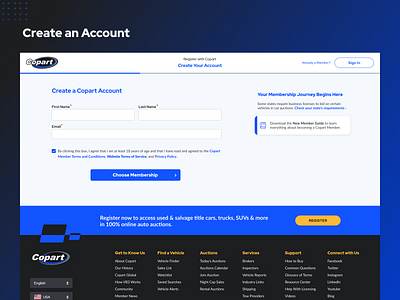 Create an Account copart register registration ui ux website