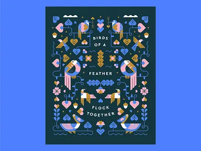 Birds of a Feather Flock Together animal birds design geometric graphic design greeting card hearts illustration plants print design quote saying typography valentines vector illustration