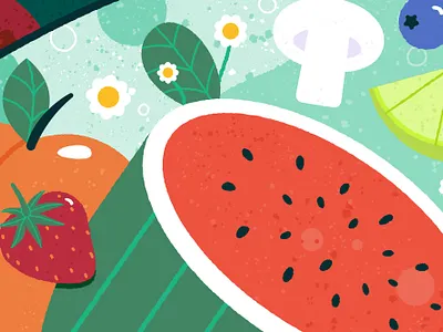 Fresh Fruits and Veggies berry blueberry design flower fruits health illustration lime mushroom plants strawberry vector vegetables watermelon woman