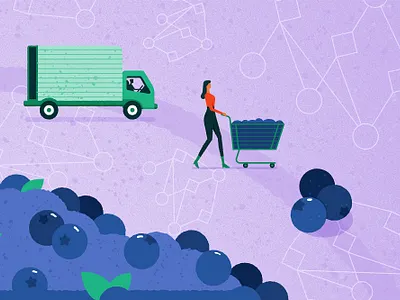 Shipping - Fruits and Veggies blueberries cart design groceries health illustration people shipping vector woman