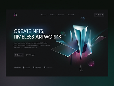 Abstract NFT — Hero exploration abstract blockchain crypto cryptocurrency dark geometrics glass hero image illustration landing page marketplace metaverse nft nft art opensea token visual identity web design