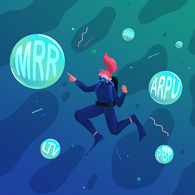 Unknown metrics 2d buble character discovery flat funnel illustration jump marketing metrics ocean scuba sea shapes simple underwater