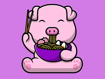 Cute Pig Eating Ramen Noodle asian