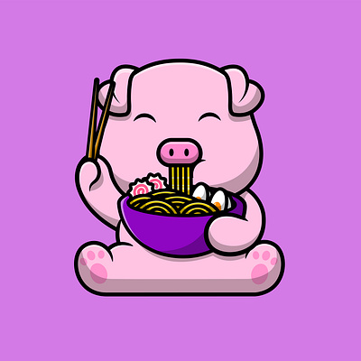 Cute Pig Eating Ramen Noodle asian
