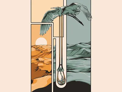 The Land God Made in Anger bird blue crane desert design dribbble heron illustration mushroom mycology ocean poster art poster design posters psychedelic shroom surreal trippy vector yellow