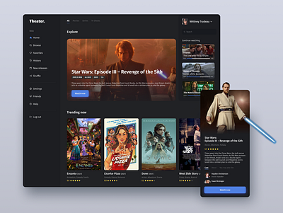 Theater - Movies & Series App app app design dark dark mode design galaxy ipad mobile movies series shows star wars streaming tablet tv series ui ux