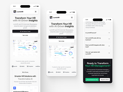 LuminHR - AI-Powered HR Management Mobile Responsive card chart clean design hr landing page hr management human resource landing page management performance management responsive responsive hr saas ui uiux ux web web design website website responsive