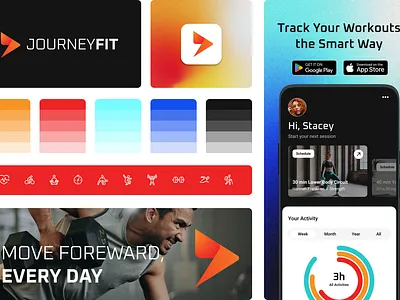 JourneyFit Fitness App Exploration app arrow branding design exercise fitness gradient graphic design logo orange red typography ui