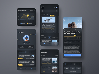 Donation app concept | Ukraine app concept app design black interface charity app clean ui dark interface donation donation app fuck putin glass design glassmorphism glory to ukraine grey interface no war stop war ukraine ukrainian designer war in ukraine