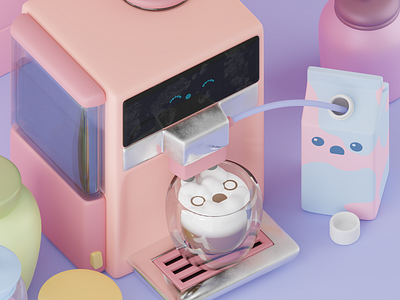 Coffee? 2d 3d blender character coffe machine coffee cup cute cycles graphic design illustration kitchen logo lowpoly milk photoshop render smile ui web