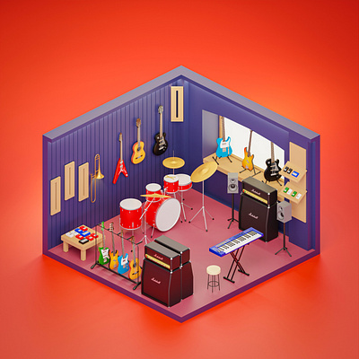 Music Room - 3D isometric illustration 3d 3d art blender dark design drum guitar illustration instruments isometric art keyboard low poly music navy piano red