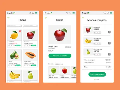 Freshi Hortifruti - Mobile screens app design e commerce food fruits graphic design interface mobile responsive site ui ui design ux vegetables web webdesign website