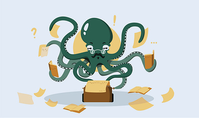 Octopus - writer animal books character glasses illustration octopus typing writer