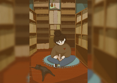 Library🌿 art artist black cat cat cat lover character cozy design design character digital illustration library
