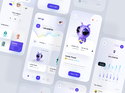 NFTIO Marketplace | Light Version - Mobile App app bitcoin card chart crypto cryptoart ethereum finance fintech ios light marketplace mobile mobile design nft nftart token trading ui wallet