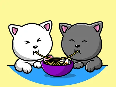Cute Cat Couple Eating Ramen asia