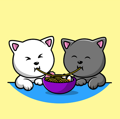 Cute Cat Couple Eating Ramen asia