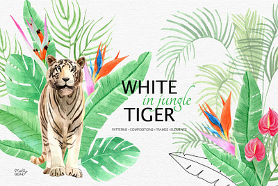 White tiger in jungle collection illustration jungle leaves palm pattern tiger tropic tropic flowers watercolor