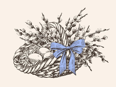 Wicker basket with blooming willow. Graphic illustration blooming botanical bow composition design drawing easter element elements graphics hand drawn holiday illustration plant sketch vector wicker basket willow