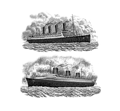RMS Aquitania, SS Normandie engrave engraving illustration ink lineart strokes woodcut
