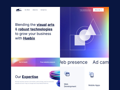 Huebix.com agency branding business design gradient header hero section illustration landing page live logo services tech ui ux vector web web agency webdevelopment website