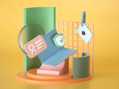 3D Composition with laptop 3d abstract cinema 4d clear envelope illustration laptop letter mail notebook octane render safety