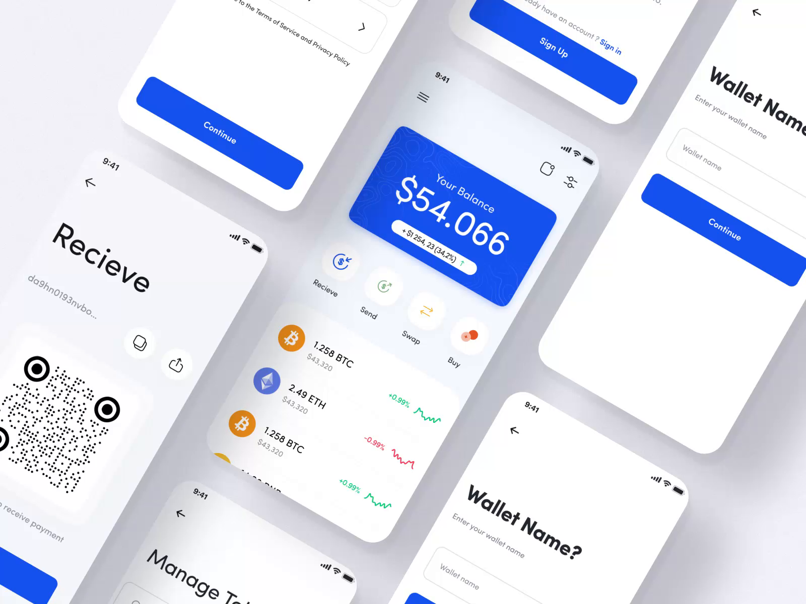 Example of Cryptocurrency wallet app, Send receive swap crypto - Mobile app