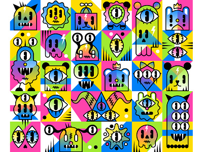 Colorful Monsters Geometric Pattern abstract background dailyui flat geometric art geometric design geometry gradients icon identity illustration minimal monster outline pattern print shape elements shapes skull vivid