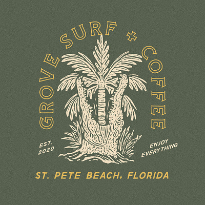 Grove Surf & Coffee apparel badge badge design beach design coffee crocodile design hand drawing illustration logo merch merchadise surf tropical design tshirt tshirt design