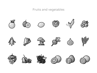 Greyscale style icons applicat cartoon draw eat food fruits icons illustration menu order outline restaurant ui design vegan vegetables