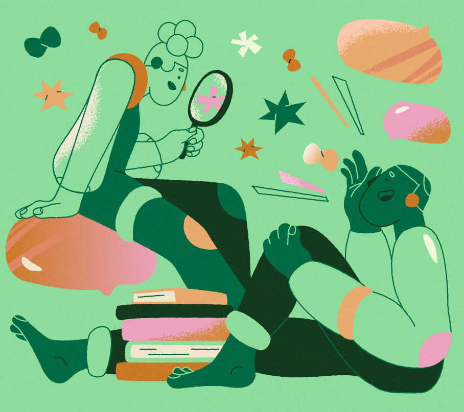 Shapes styleframe books character design design discussion hand illustration looking glass shapes talking team texture