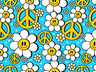 Hippie pattern 60s 70s background camomile cartoon chamomile character cute doodle flower groovy hippie illustration kawaii pattern peace seamless sign symbol vintage